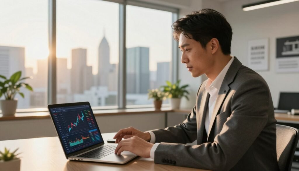 A confident and professional financial broker in a modern office environment, dressed in a tailored suit, engaging with digital charts on a sleek laptop. The foreground features the broker analyzing stocks and graphs, showcasing a sense of expertise. In the middle ground, a large window reveals a bustling city skyline bathed in golden hour light, enhancing the motivational atmosphere. The background shows minimalist office decor with plants and inspirational quotes on the walls, promoting a trustworthy and reliable ambiance. The scene is illuminated by warm, natural sunlight, creating an inviting and optimistic mood, with a focus on professionalism and success in the financial market.
