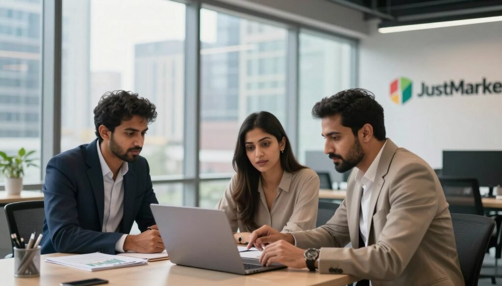 A modern and professional office setting showcasing the JustMarkets brand. In the foreground, a diverse group of three professionals—one South Asian man in business attire, a South Asian woman in modest casual clothing, and a Middle-Eastern man in a smart casual outfit—are engaged in discussion while analyzing charts on a laptop. In the middle ground, a sleek glass window overlooks a bustling cityscape, symbolizing growth and opportunity in Pakistan’s financial sector. The background features a modern workspace with subtle design elements reflecting the JustMarkets logo and branding colors. Soft, natural lighting filters through the window, creating an inviting atmosphere that conveys trust and professionalism. The image should maintain a clean, focused look without any text or distractions.