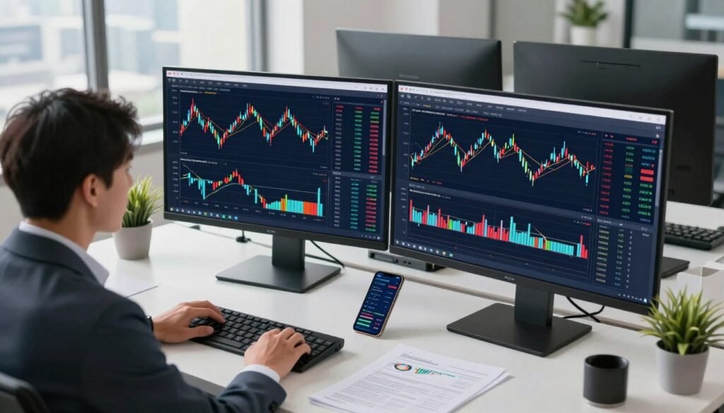 A modern trading platform interface displayed on multiple computer screens in a sleek, high-tech office environment. In the foreground, a professional trader, dressed in business attire, is focused on analyzing charts filled with colorful candlestick patterns and moving averages. In the middle, an elegant desk with financial reports, a smartphone displaying stock alerts, and a potted plant add a touch of warmth. The background shows a large window with a city skyline view, and soft natural light illuminates the space, creating a productive atmosphere. The overall mood is energetic and optimistic, symbolizing the journey towards financial success. Capture this scene from a slightly elevated angle to emphasize the busy, yet organized workspace, reflecting professionalism and ambition.