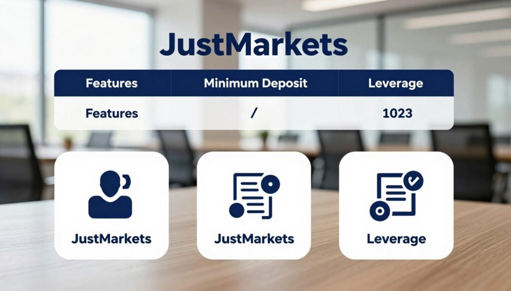 A professional and visually appealing infographic depicting a comparison of JustMarkets account types. In the foreground, showcase three distinct account types represented by sleek, modern icons with subtle shadowing. In the middle ground, include a clear table layout with headings such as "Features," "Minimum Deposit," and "Leverage," allowing for easy comparison between the accounts. The background features a softly blurred financial office environment, with soft natural lighting filtering through large windows to create a calm and focused atmosphere. Use a slightly elevated angle for depth, ensuring a clean and organized composition. The mood should be informative yet approachable, inviting readers to explore their options for financial security.