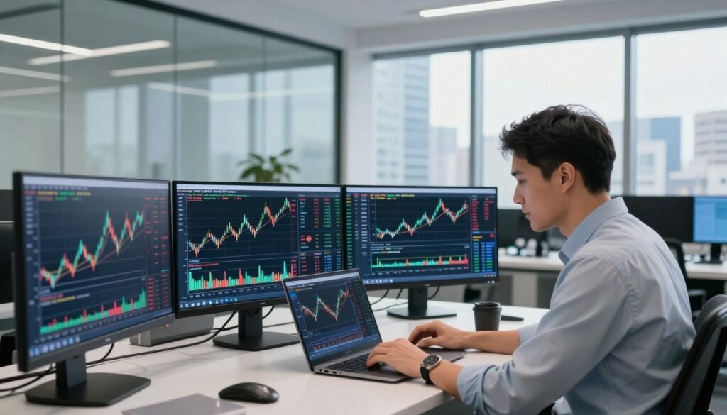 A professional trading environment showcasing "JustMarkets" trading conditions. In the foreground, a confident trader in professional attire is analyzing charts on a laptop, surrounded by multiple screens displaying colorful trading graphs and candlestick patterns. The middle layer features a sleek modern office with glass partitions, reflecting a bright atmosphere filled with natural light. In the background, large windows reveal a city skyline, symbolizing opportunity and growth. The mood is vibrant and dynamic, conveying professionalism and trust in the financial sector. The lighting is bright and clear, enhancing the focus on the trading activities, creating an inspiring atmosphere ideal for aspiring traders.
