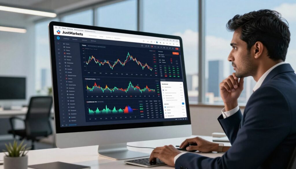 A sleek and modern computer screen displaying the JustMarkets trading platform interface, featuring a variety of trading charts, analytics tools, and a vibrant user-friendly dashboard. In the foreground, a focused South Asian trader in professional business attire, analyzing the screen with a thoughtful expression. The middle ground showcases a modern office environment, with minimalist furniture and a large window revealing a bustling cityscape under a bright blue sky. The background conveys a sense of urgency and potential, with subtle lighting that highlights the screen and casts soft shadows. The atmosphere is dynamic and professional, capturing the essence of trading in a digital age.