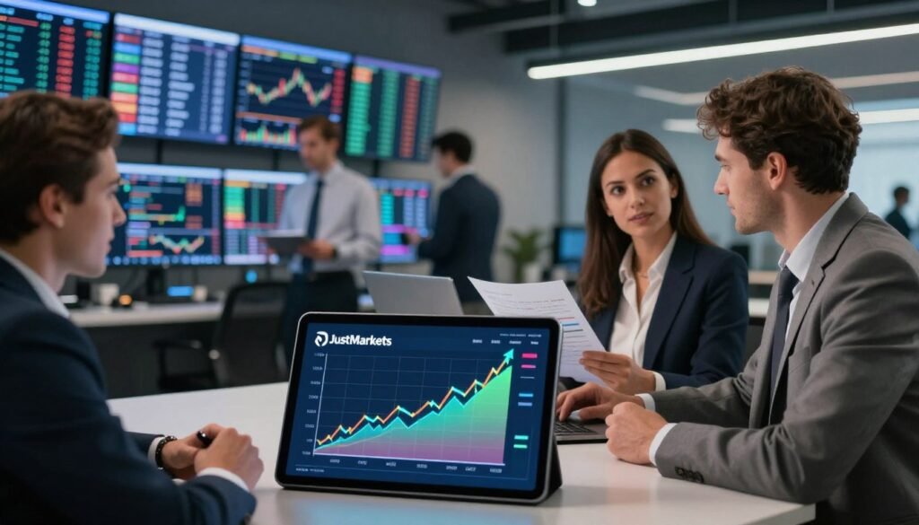 A visually striking and informative image illustrating the competitive spreads offered by JustMarkets, set against a sleek, modern trading environment. In the foreground, a digital tablet displays a colorful graph with upward trends, symbolizing financial growth. The middle ground features a diverse group of professionals in business attire, engaged in discussions about investments—two men and two women, each analyzing digital charts and reports. The background portrays a high-tech financial workspace with large screens showing real-time market data and financial news. Soft, focused lighting highlights the professionals, creating a dynamic yet reassuring atmosphere that conveys trust and opportunity in the world of investment. The overall mood is optimistic and forward-thinking, reflecting the progressive nature of JustMarkets.