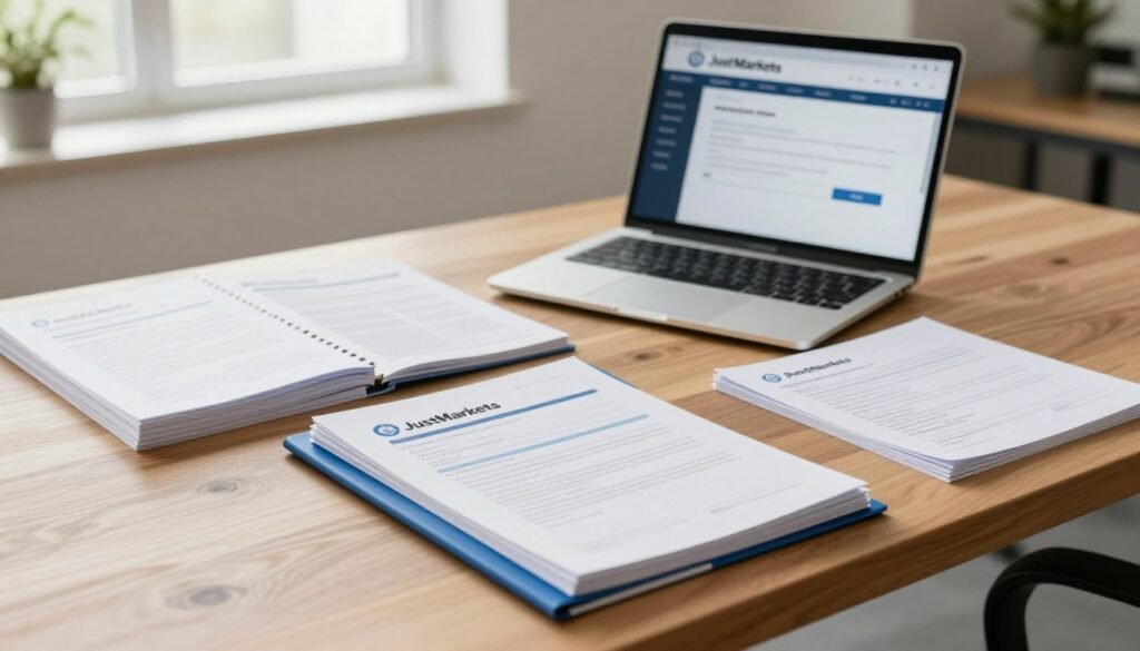 A well-organized workspace depicting essential documents for JustMarkets sign-up, arranged neatly on a wooden desk. Foreground: a stack of application forms, identification documents, and financial statements in neatly labeled folders. Middle: a sleek laptop open, displaying a user-friendly registration interface. Background: a soft-focus view of a modern office environment with bright, natural lighting streaming in from a window, creating a welcoming atmosphere. The colors are warm and inviting, suggesting professionalism and trust. The image should evoke a sense of clarity and ease, illustrating a step-by-step registration process. No human figures are included, ensuring a focus solely on the documents and workspace.