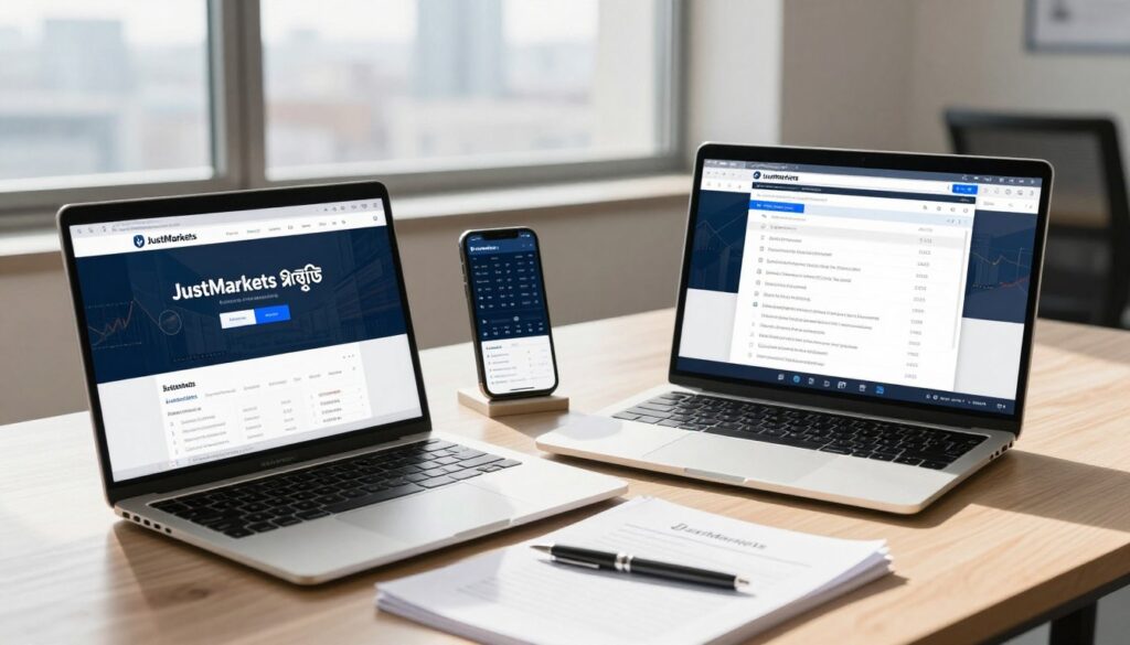 A well-organized workspace representing "JustMarkets প্রস্তুতি" in an office setting. In the foreground, a laptop displaying the JustMarkets homepage, accompanied by financial documents and a pen. In the middle, a smartphone with market analysis apps open, alongside a notepad featuring a checklist for account setup. The background includes windows with a cityscape view, depicting a bright and professional atmosphere with natural sunlight filtering in, creating soft shadows on the desk. The overall mood is one of focused preparation and determination, capturing the essence of financial readiness. Use a wide-angle lens to encompass the entire scene, ensuring a modern and polished look without any text or logos visible.